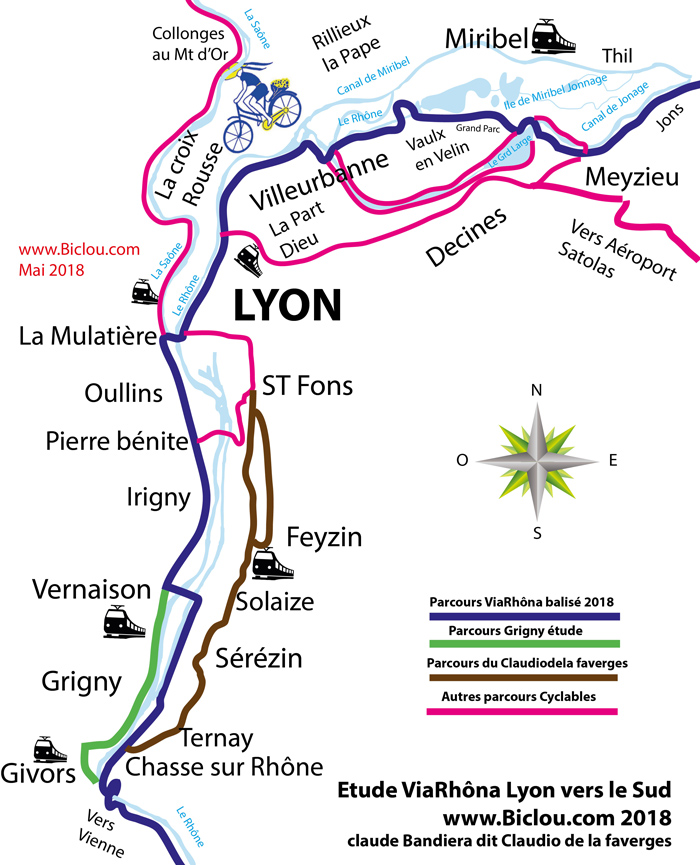 carte position Lyon, et tracés ViaRhôna au sud vers Givors en 2018