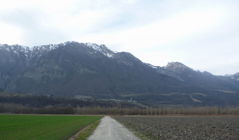Petite route de campagne dans la plaine du Gresivadan en vue des ar�tes terminales des Bauges