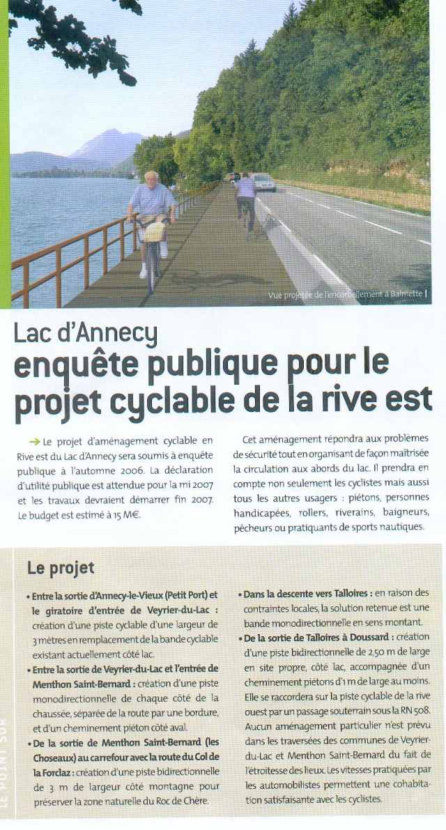 Article de la revue du conseil g&eacute;n&eacute;ral de la Haute-savoie, relatif &agrave; la r&eacute;alisation de la piste cyclable du tour du lac d'Annecy