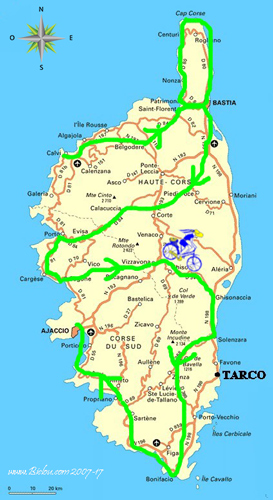 Carte d'une visite cyclotouriste de la Corse, une sacr&eacute; dose de cyclotourisme