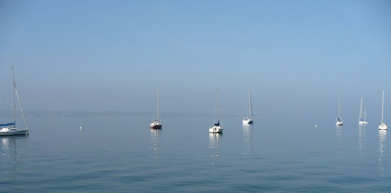 Les barquettes sur le Lac L&eacute;man &agrave; Gen&egrave;ve, laissent entrevoir les monts du jura dans le fond.