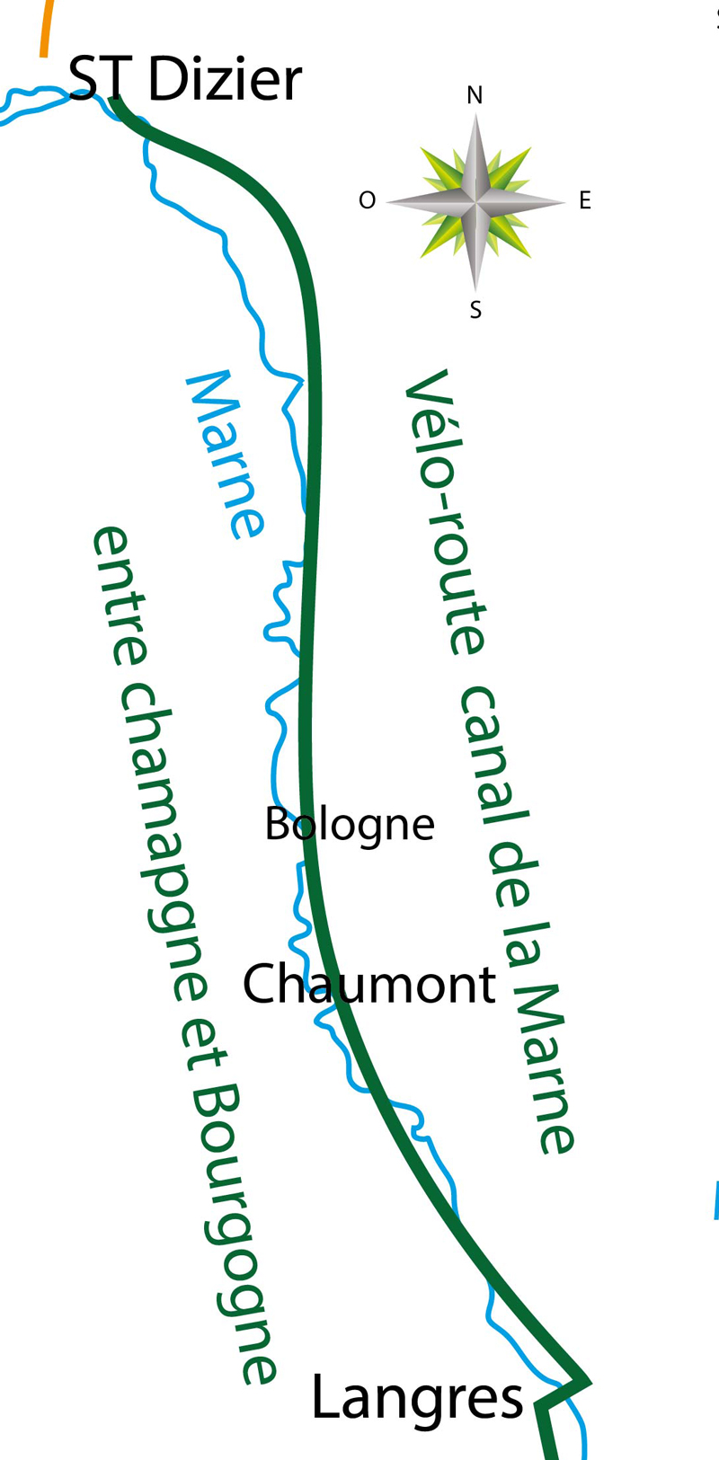 carte cycler de saint dizier à Langres long du canal marne saône