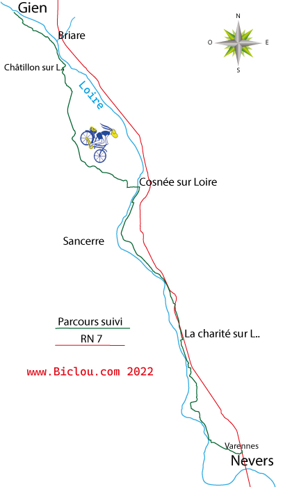 carte randonnée bicyclette de Gien à Nevers 2022