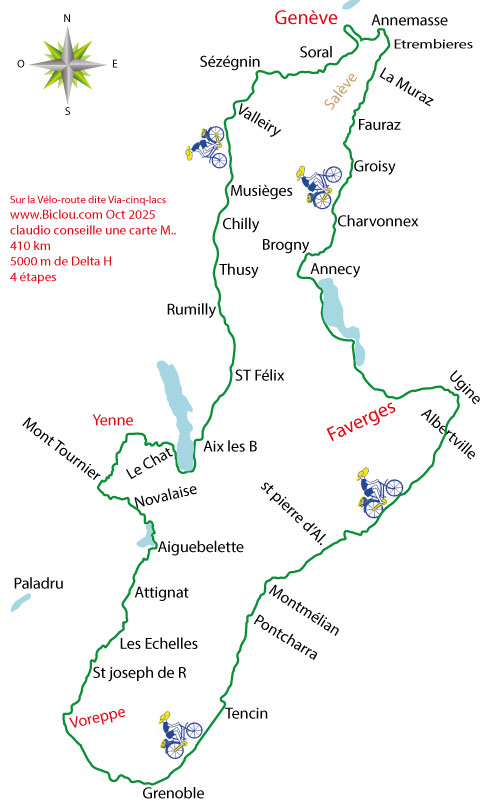 Carte bambée cycliste octobre 2025 sur la via-cinq-lacs-retour-via-pre-alpina