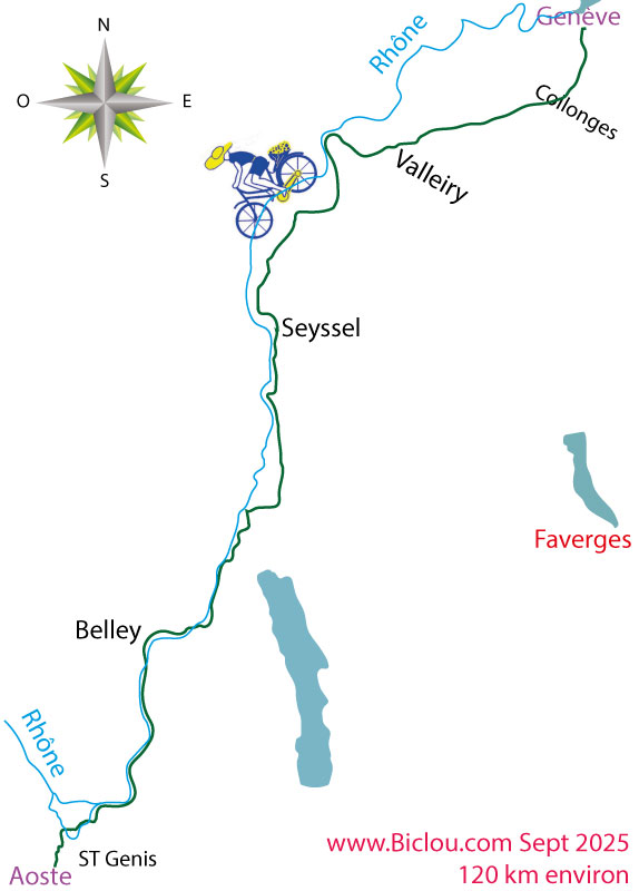 Carte parcours cycliste de Genève à Aoste (F) le long de ViaRhôna en sept 2025