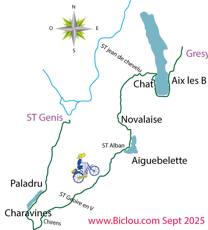 Carte parcours cycliste du claudio en 2025 de Aoste Paladru charavines Aiguebelette le chat et Aix les bains