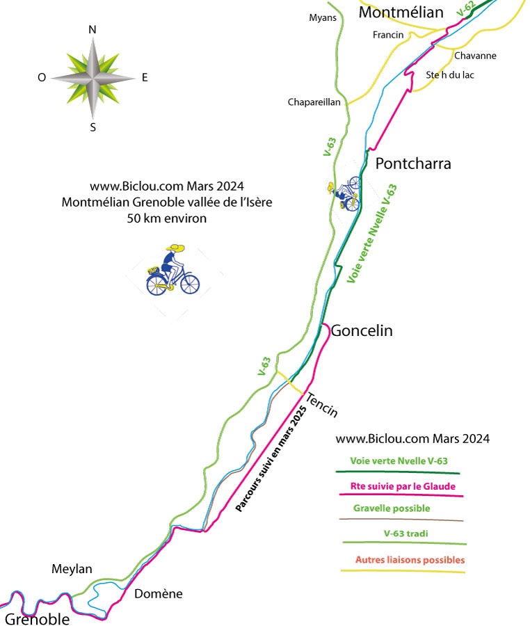 Carte Nouvelle vélo-route voie verte V-63 Bis côté EST de l'Isère Grénoble Domène Goncelin Pontcharra MontMélian (2025)