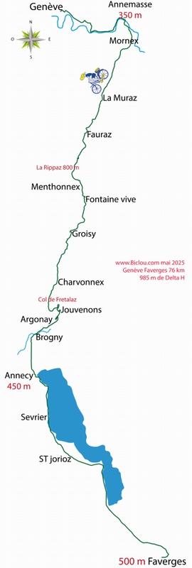 Carte parcours cycliste de Genève Annemasse Bornes Annecy Faverges, mai 2025