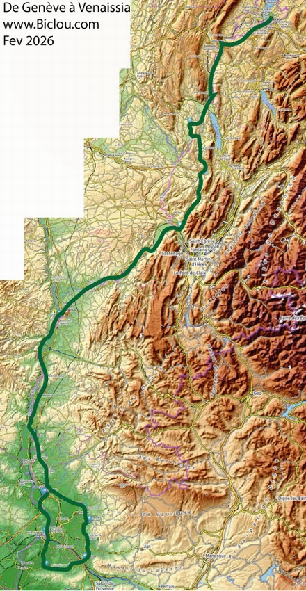Carte bambée de Genève à Cavaillon à la recherche de la Via-Venaissia