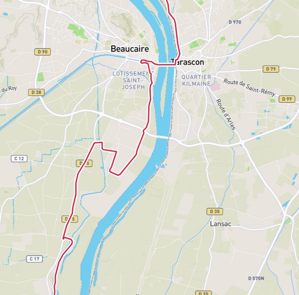 Carte, sortie de Beaucaire vers le Sud, vers la voie verte direction Arles