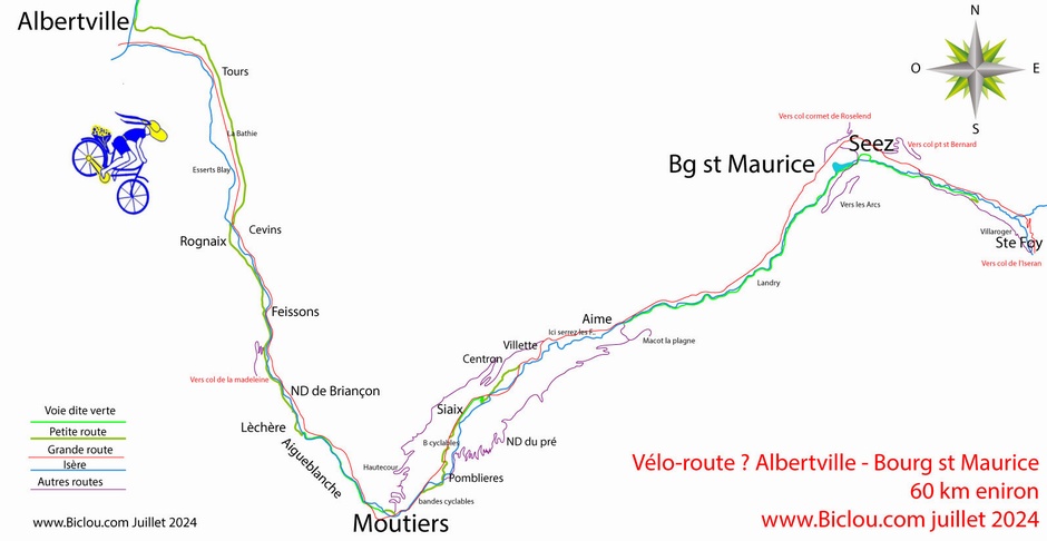 La carte du parcours ; vélo-route Albertville Bourg st maurice en Tarentaise