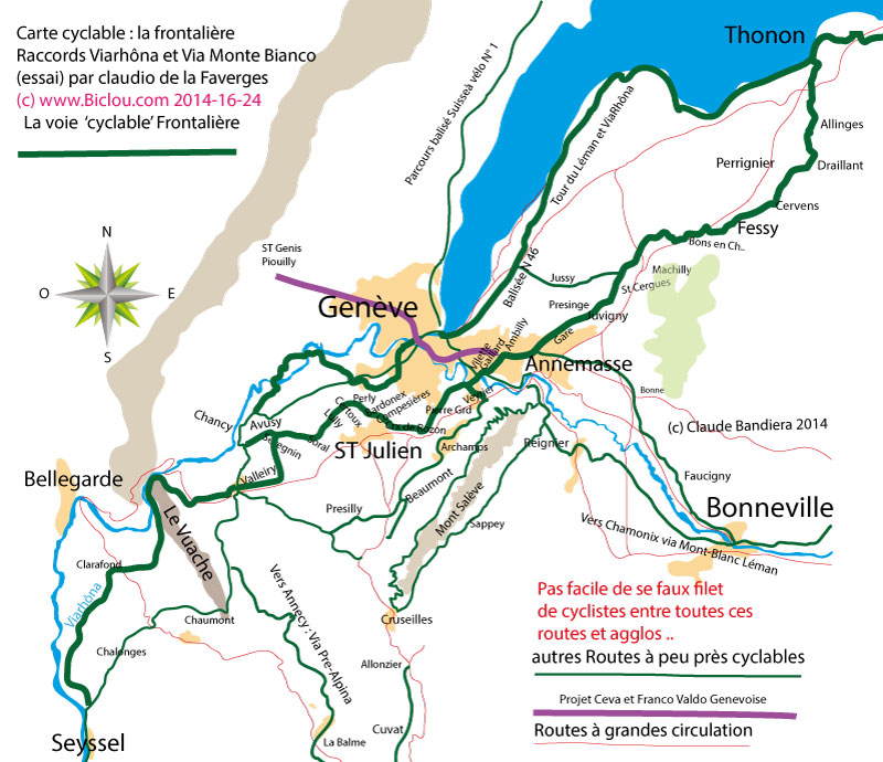 Carte ViaRhôna Bis de Thonon à Valleiry en passant par Annemasse et St Julien