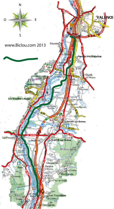 Carte vélo-route Valence la Voulte Montélimar sur Viarhôna parc claudio