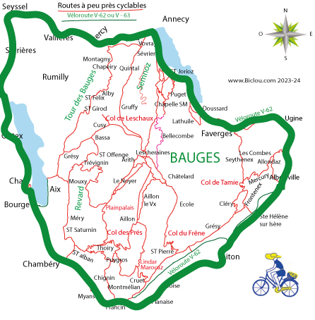 Carte de parcours cyclistes dans le massif des Bauges (2023)